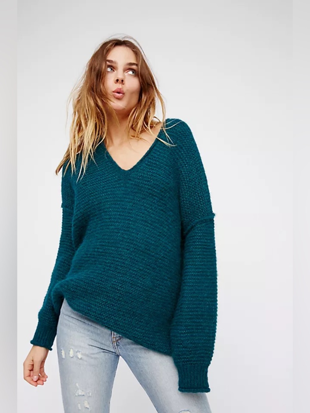 Free People All Mine Oversized Cozy V-Neck Pullover Sweater Teal Alpaca Blend L‎